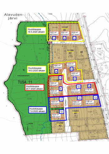 Alavuden Aurinkorannan uuden asuinalueen tonttien huutokauppa-ajat.