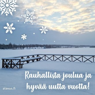 Alavus-joulukortti lumisella Alavudenjärven maisemakuvalla. Lähetä vaikkapa sähköpostilla tai jaa somessa!