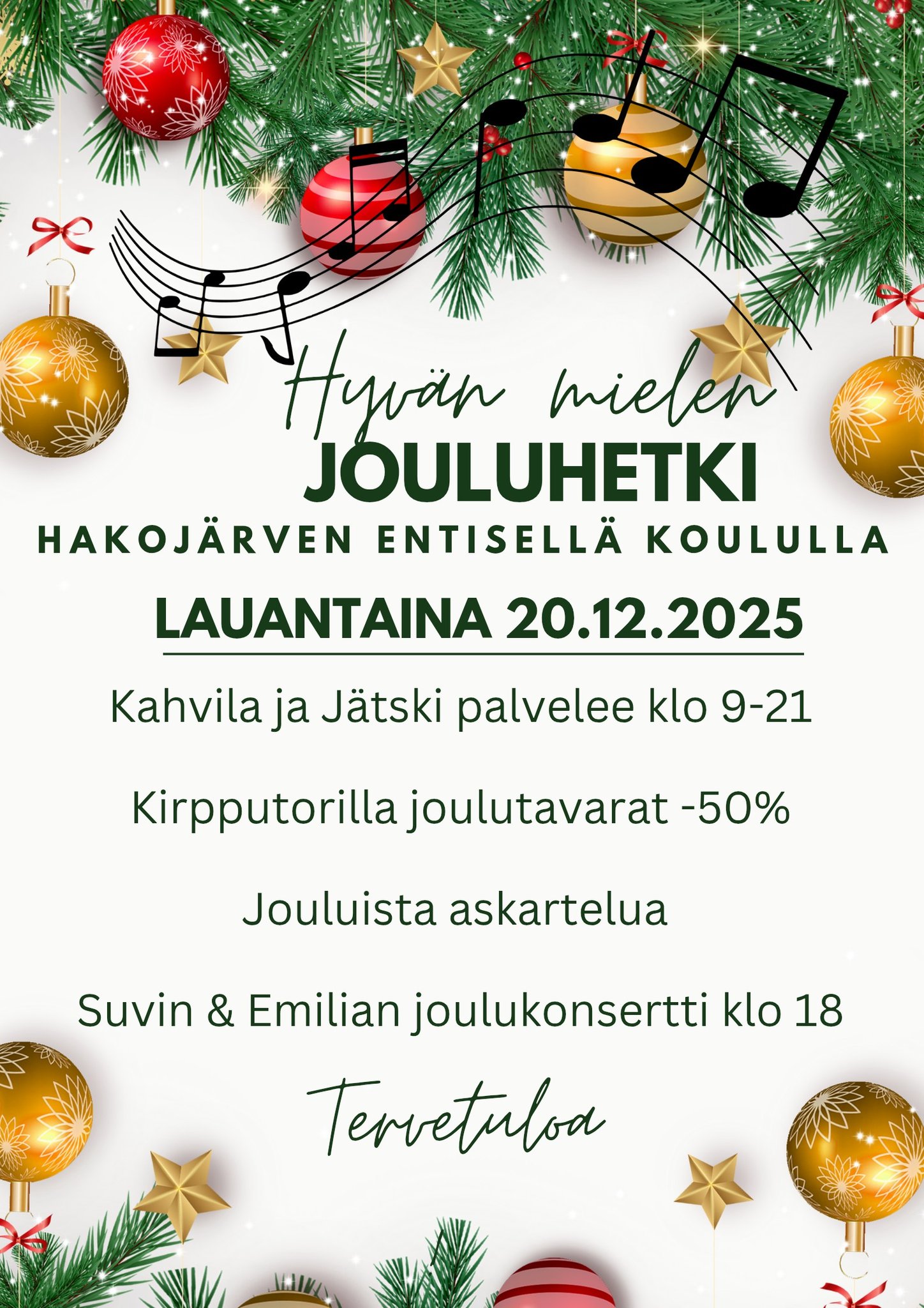 Tervetuloa hakemaan joulumieltä lauantaina 20.12.2025 Hakojärven entiseltä koululta.
