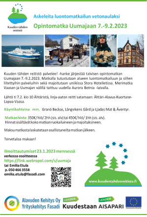 Kuuden tähden reitistö palvelee! -hanke järjestää talvisen opintomatkan Uumajaan 7.-9.2.2023