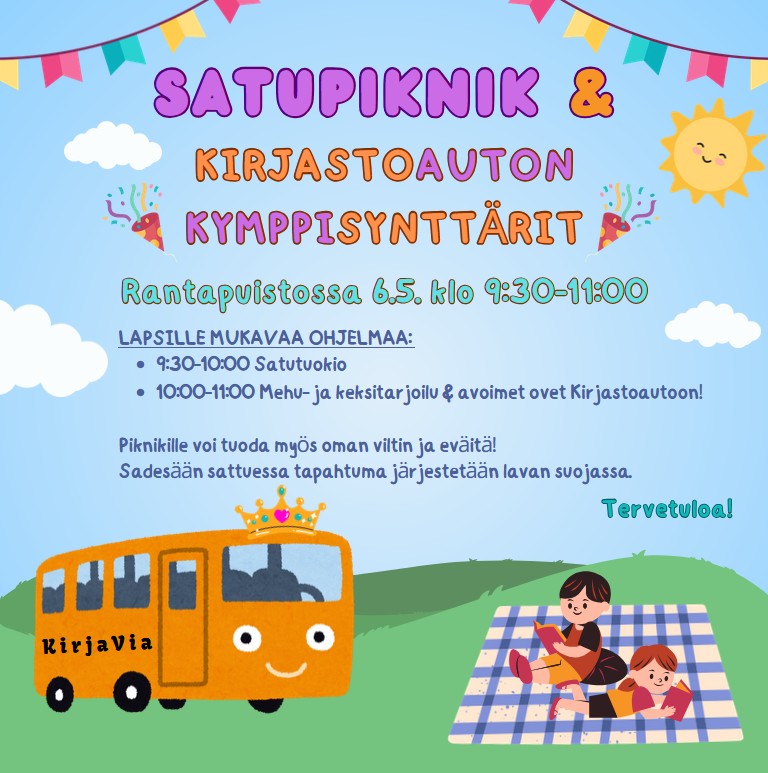 Alavuden kirjasto järjestää Satupiknikin & kirjastoauton kymppisynttärit Alavuden Rantapuistossa tiistaina 6.5.2025 klo 9.30-11.00.